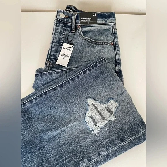 Express Modern Straight Leg Super High Rise Distressed Blue Jeans Women’s 2S NWT - Picture 5 of 14